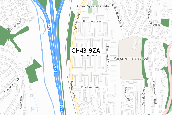 CH43 9ZA map - large scale - OS Open Zoomstack (Ordnance Survey)