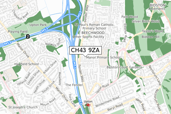 CH43 9ZA map - small scale - OS Open Zoomstack (Ordnance Survey)
