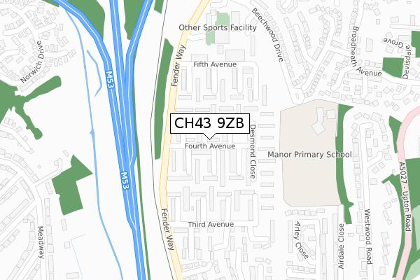 CH43 9ZB map - large scale - OS Open Zoomstack (Ordnance Survey)