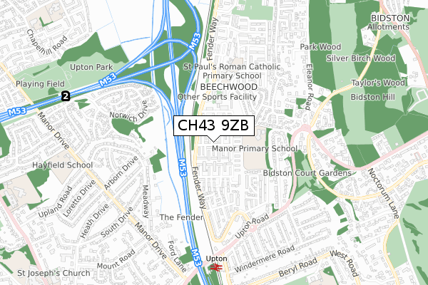 CH43 9ZB map - small scale - OS Open Zoomstack (Ordnance Survey)