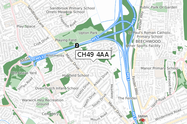 CH49 4AA map - small scale - OS Open Zoomstack (Ordnance Survey)