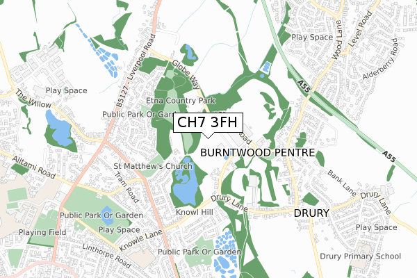 CH7 3FH map - small scale - OS Open Zoomstack (Ordnance Survey)