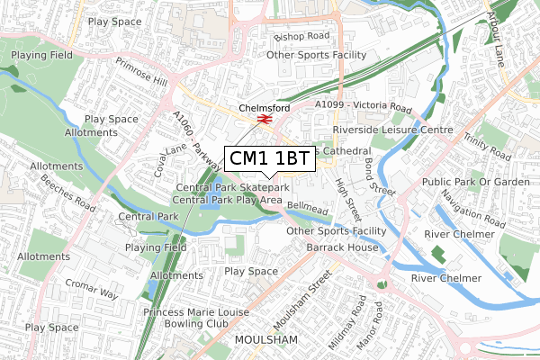 CM1 1BT map - small scale - OS Open Zoomstack (Ordnance Survey)