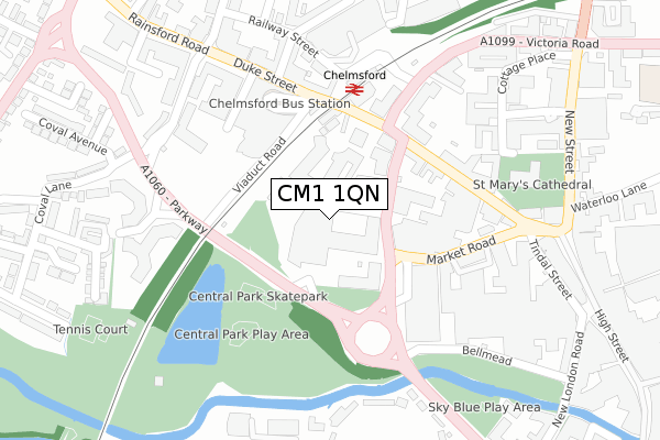 CM1 1QN map - large scale - OS Open Zoomstack (Ordnance Survey)