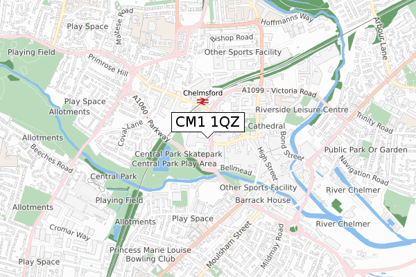 CM1 1QZ map - small scale - OS Open Zoomstack (Ordnance Survey)