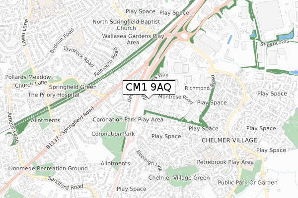 CM1 9AQ map - small scale - OS Open Zoomstack (Ordnance Survey)