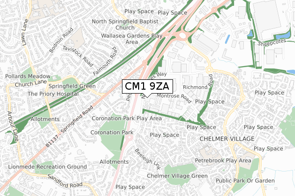 CM1 9ZA map - small scale - OS Open Zoomstack (Ordnance Survey)