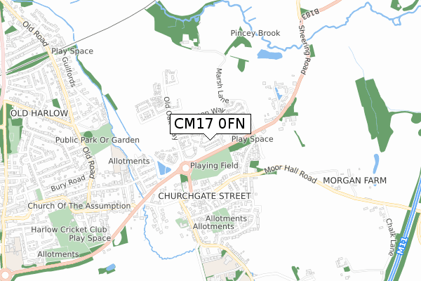 CM17 0FN map - small scale - OS Open Zoomstack (Ordnance Survey)