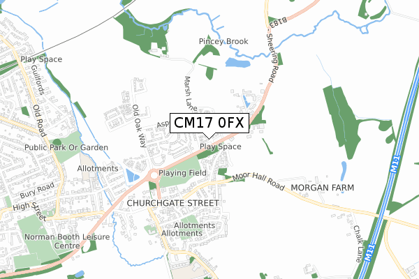 CM17 0FX map - small scale - OS Open Zoomstack (Ordnance Survey)