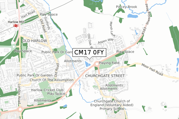 CM17 0FY map - small scale - OS Open Zoomstack (Ordnance Survey)