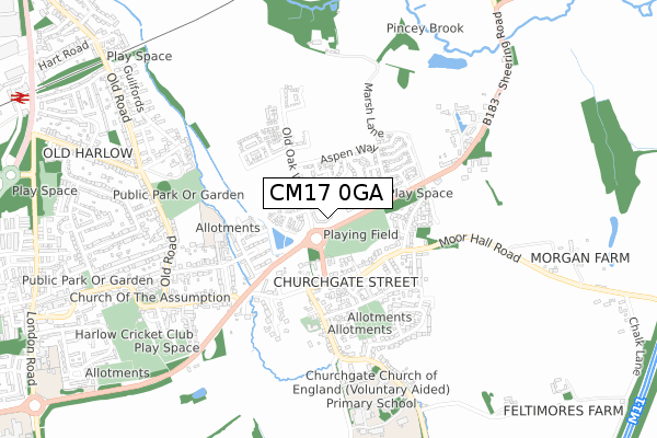 CM17 0GA map - small scale - OS Open Zoomstack (Ordnance Survey)