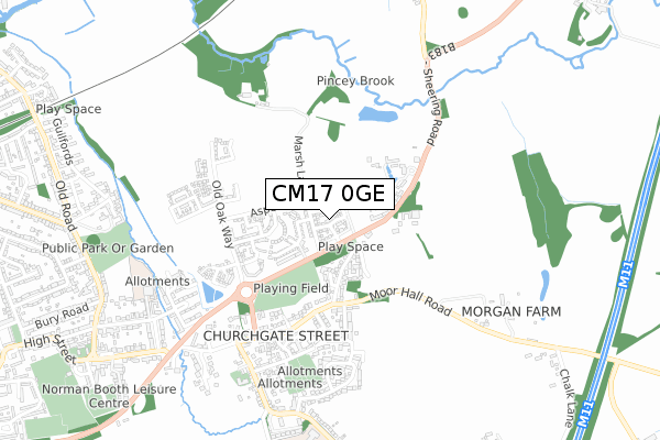 CM17 0GE map - small scale - OS Open Zoomstack (Ordnance Survey)