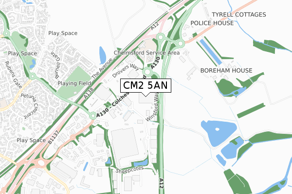 CM2 5AN map - small scale - OS Open Zoomstack (Ordnance Survey)