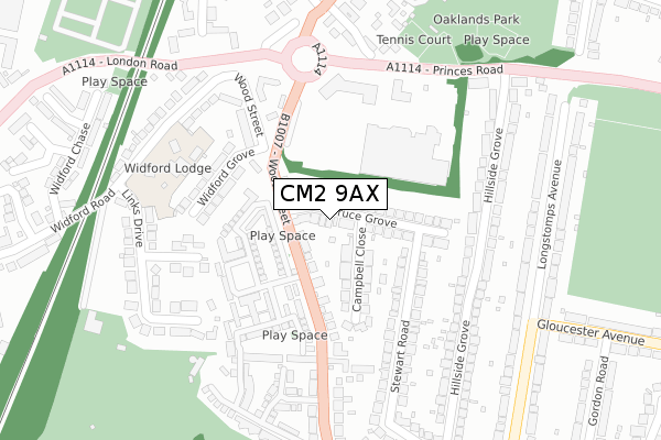 CM2 9AX map - large scale - OS Open Zoomstack (Ordnance Survey)
