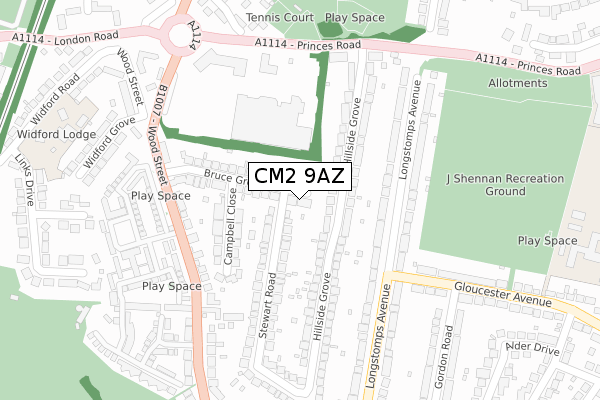 CM2 9AZ map - large scale - OS Open Zoomstack (Ordnance Survey)