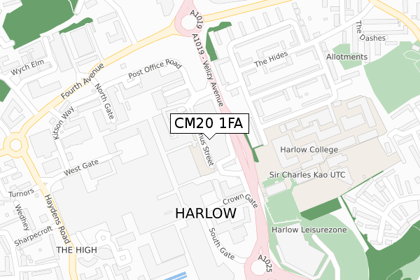 CM20 1FA map - large scale - OS Open Zoomstack (Ordnance Survey)