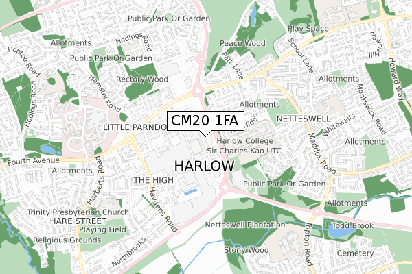 CM20 1FA map - small scale - OS Open Zoomstack (Ordnance Survey)