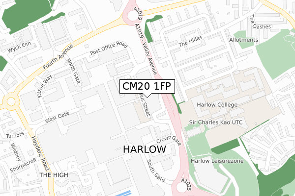 CM20 1FP map - large scale - OS Open Zoomstack (Ordnance Survey)