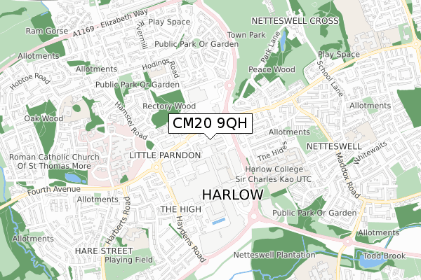 CM20 9QH map - small scale - OS Open Zoomstack (Ordnance Survey)