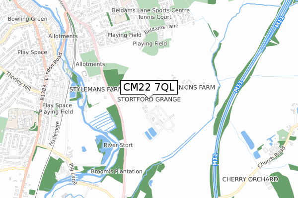 CM22 7QL map - small scale - OS Open Zoomstack (Ordnance Survey)