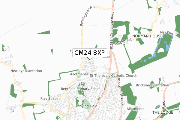 CM24 8XP map - small scale - OS Open Zoomstack (Ordnance Survey)
