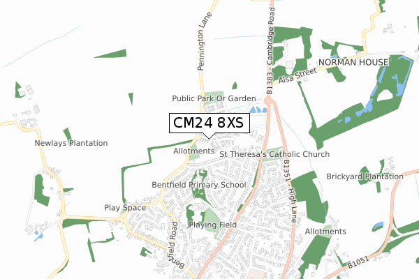 CM24 8XS map - small scale - OS Open Zoomstack (Ordnance Survey)