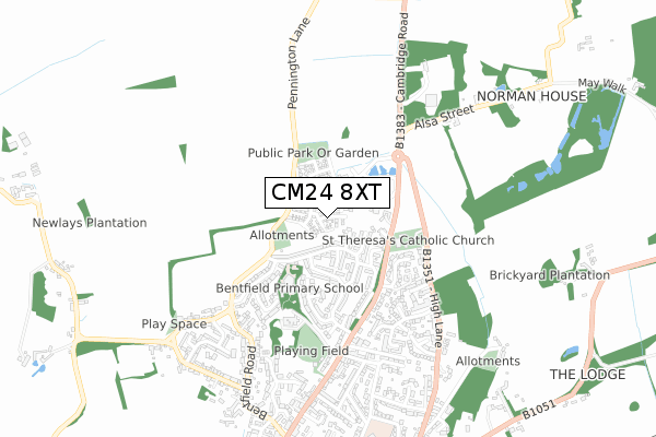 CM24 8XT map - small scale - OS Open Zoomstack (Ordnance Survey)