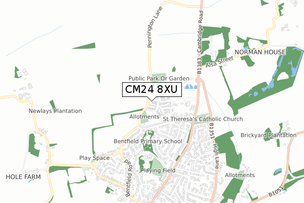 CM24 8XU map - small scale - OS Open Zoomstack (Ordnance Survey)