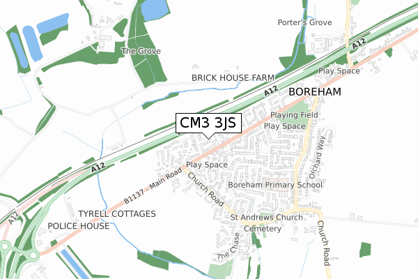 CM3 3JS map - small scale - OS Open Zoomstack (Ordnance Survey)