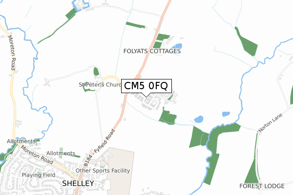 CM5 0FQ map - small scale - OS Open Zoomstack (Ordnance Survey)