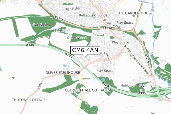 CM6 4AN map - small scale - OS Open Zoomstack (Ordnance Survey)