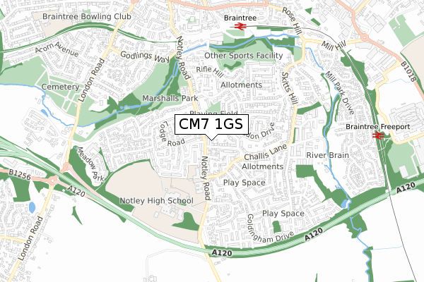CM7 1GS map - small scale - OS Open Zoomstack (Ordnance Survey)