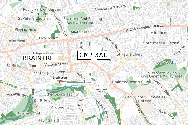 CM7 3AU map - small scale - OS Open Zoomstack (Ordnance Survey)