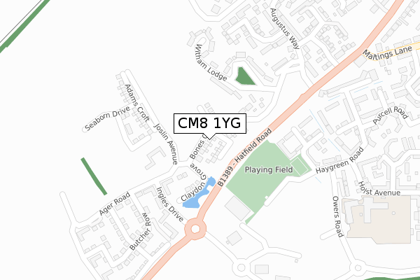 CM8 1YG map - large scale - OS Open Zoomstack (Ordnance Survey)