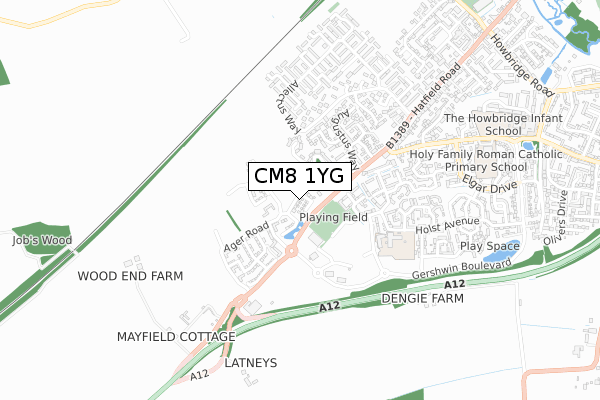 CM8 1YG map - small scale - OS Open Zoomstack (Ordnance Survey)