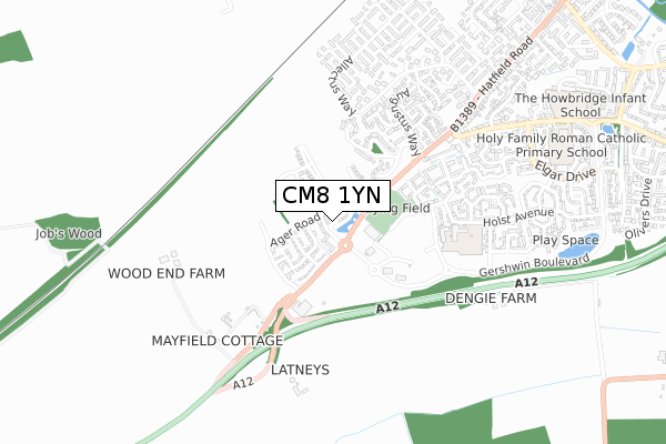 CM8 1YN map - small scale - OS Open Zoomstack (Ordnance Survey)