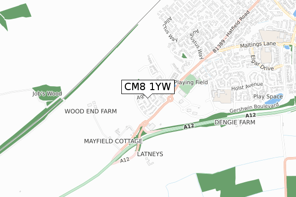 CM8 1YW map - small scale - OS Open Zoomstack (Ordnance Survey)