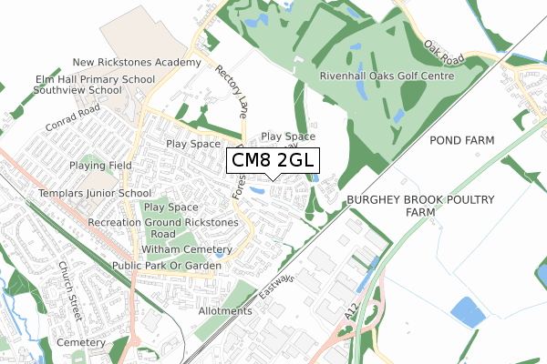 CM8 2GL map - small scale - OS Open Zoomstack (Ordnance Survey)