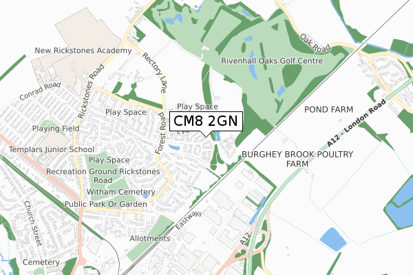 CM8 2GN map - small scale - OS Open Zoomstack (Ordnance Survey)