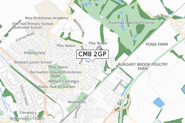 CM8 2GP map - small scale - OS Open Zoomstack (Ordnance Survey)