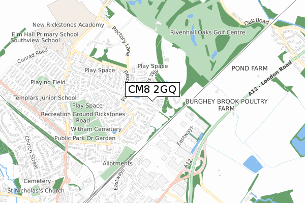 CM8 2GQ map - small scale - OS Open Zoomstack (Ordnance Survey)