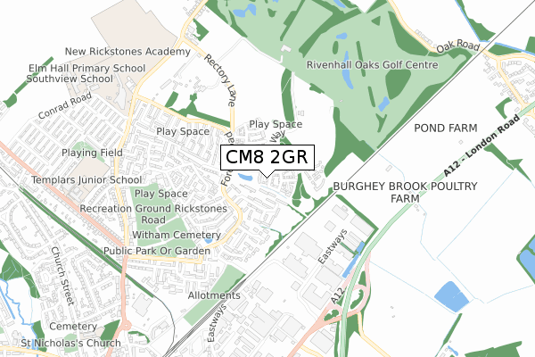 CM8 2GR map - small scale - OS Open Zoomstack (Ordnance Survey)