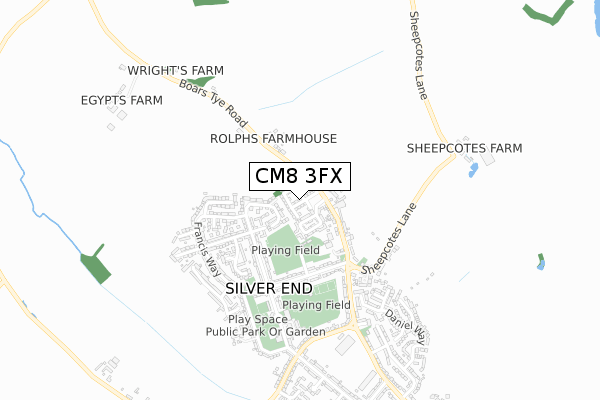 CM8 3FX map - small scale - OS Open Zoomstack (Ordnance Survey)
