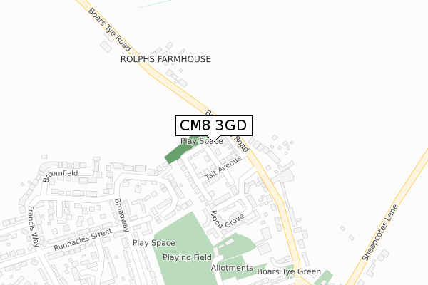 CM8 3GD map - large scale - OS Open Zoomstack (Ordnance Survey)