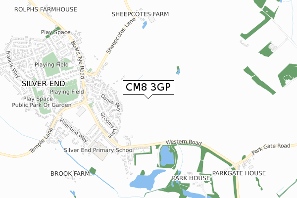 CM8 3GP map - small scale - OS Open Zoomstack (Ordnance Survey)