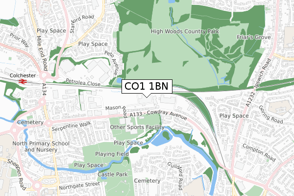 CO1 1BN map - small scale - OS Open Zoomstack (Ordnance Survey)