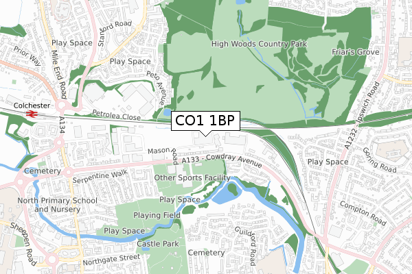 CO1 1BP map - small scale - OS Open Zoomstack (Ordnance Survey)