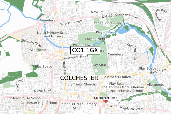 CO1 1GX map - small scale - OS Open Zoomstack (Ordnance Survey)