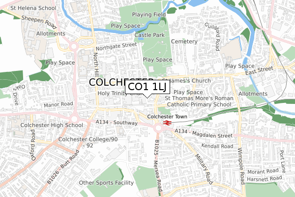 CO1 1LJ map - small scale - OS Open Zoomstack (Ordnance Survey)