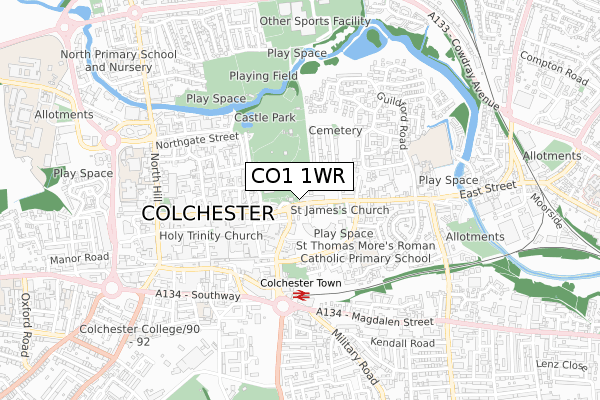 CO1 1WR map - small scale - OS Open Zoomstack (Ordnance Survey)